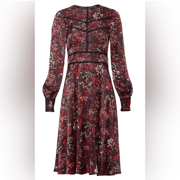 LK Bennett Red and Black Floral Long Sleeve Dress Size 16 - Picture 1 of 8